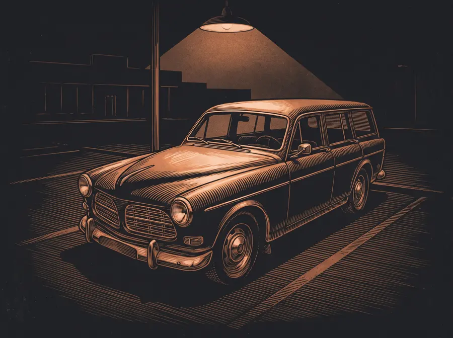 Kupferstich-Illustration: Kombi auf dem Autohaus-Hof bei Nacht