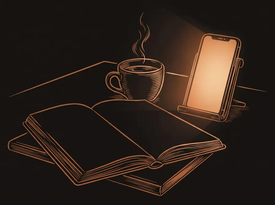 Kupferstich-Illustration: Schreibtisch am Abend mit leuchtendem Telefon