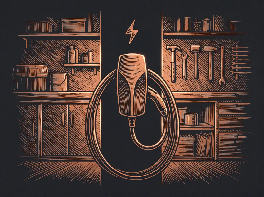 Kupferstich-Illustration: Wallbox in einer Garage