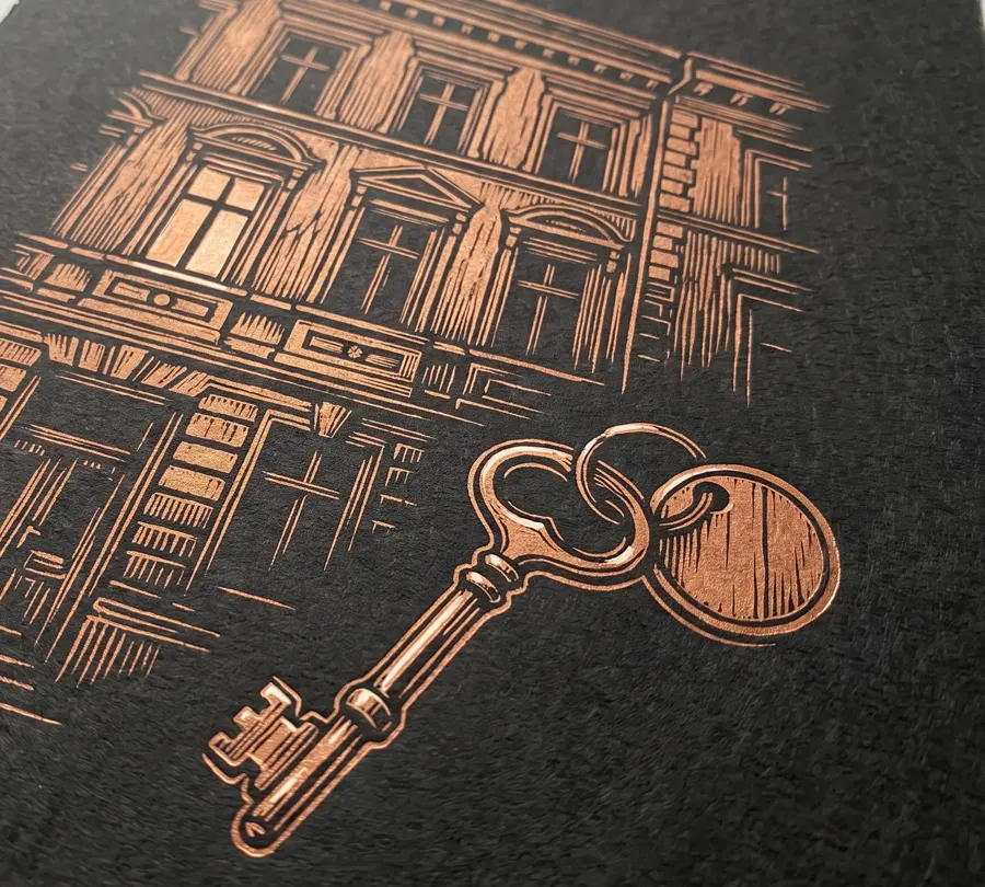 Kupferstich-Illustration: Hausfassade bei Nacht mit Wohnungsschlüssel