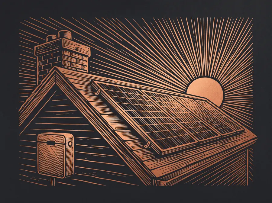 Kupferstich-Illustration: Dach mit Solaranlage in der Abendsonne
